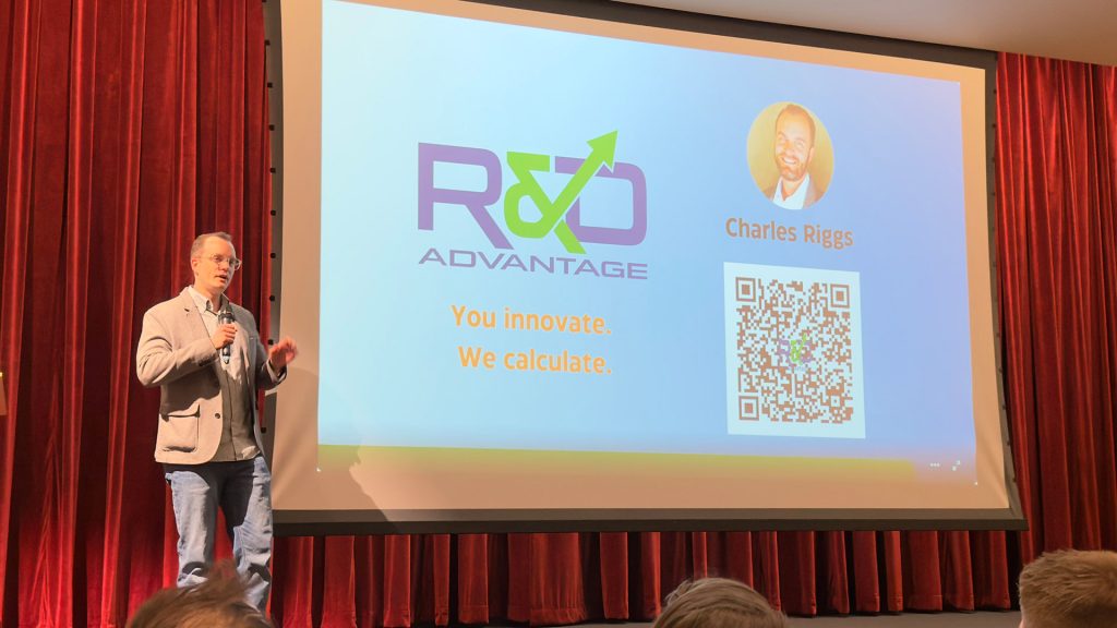 R&D Advantage's Charles Riggs presenting at MakeUtah's Spotlight Utah StartUps during Utah Tech Week 2025.