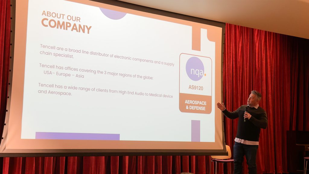 James Golley presenting his electronic components distribution company, Tencell, at MakeUtah's Spotlight Utah StartUps during Utah Tech Week 2025.