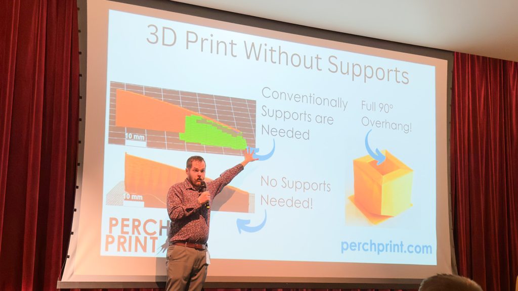 Jonathan Wagstaff presenting his PerchPrint 3D printing solution presenting at MakeUtah's Spotlight Utah StartUps during Utah Tech Week 2025.