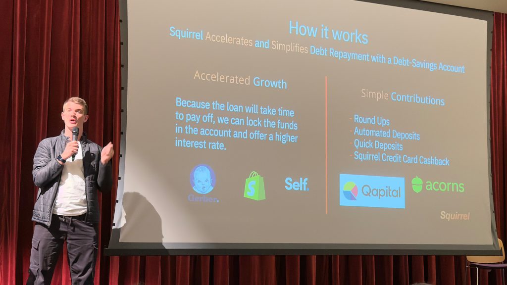 Timothy Brown presenting his innovative student debt reduction solution, Save with Squirrel, at MakeUtah's Spotlight Utah StartUps during Utah Tech Week 2025.