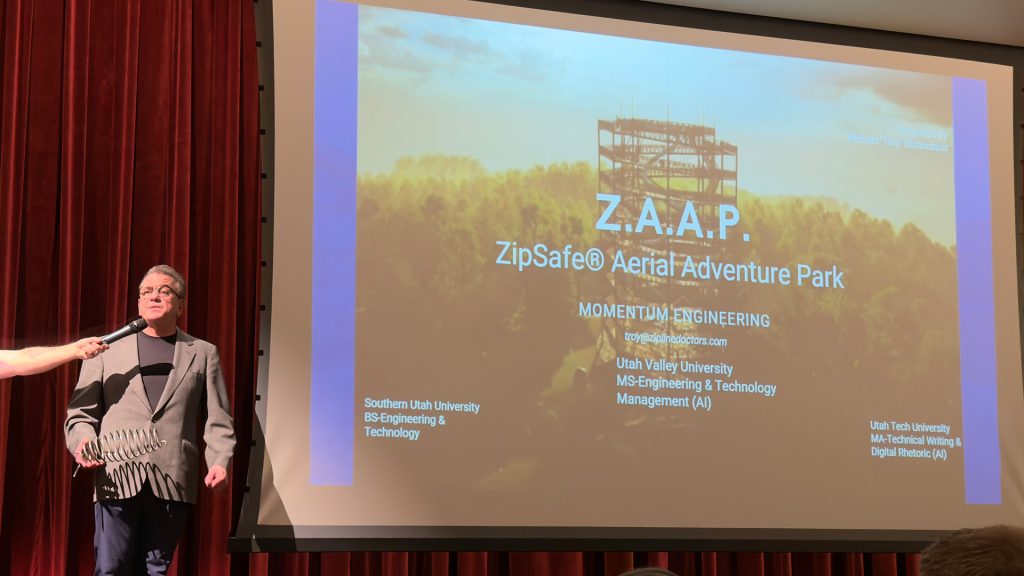 Troy Richardson presenting his startup, ZipSafe® Aerial Adventure Park, at MakeUtah's Spotlight Utah StartUps during Utah Tech Week 2025.