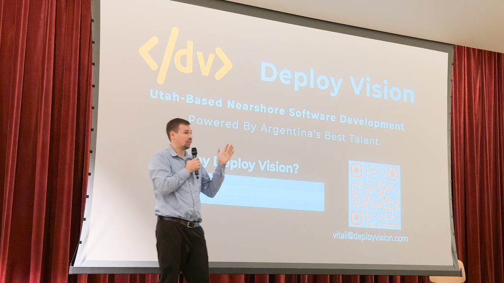 Vitaly Karmanov presenting his nearshoring software development company, Deploy Vision, at MakeUtah's Spotlight Utah StartUps during Utah Tech Week 2025.