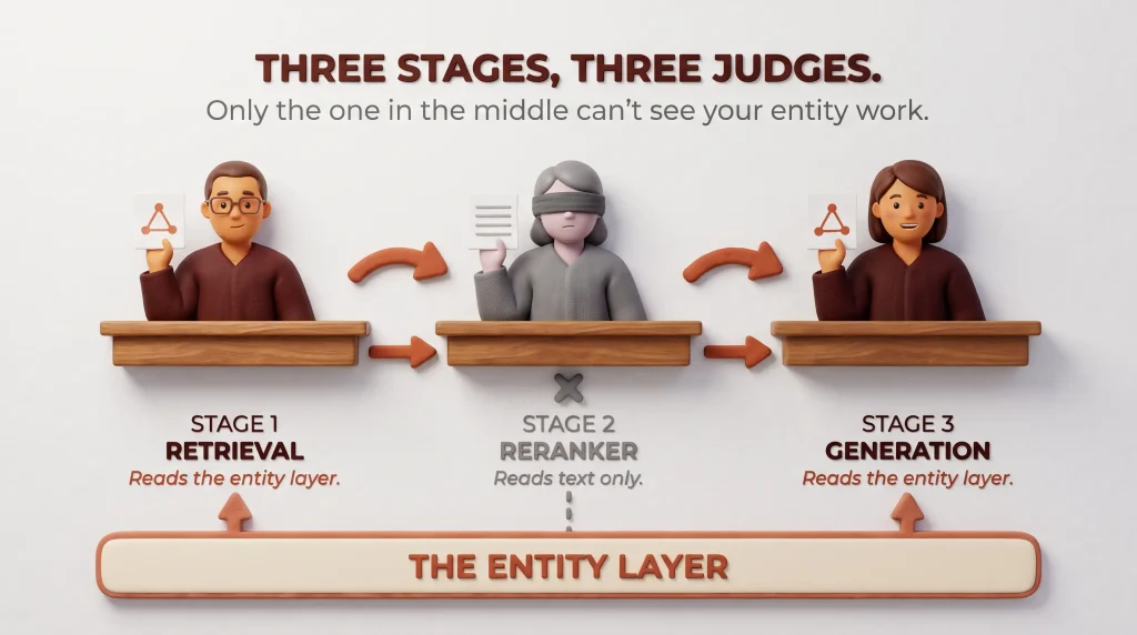 Infographic of three judges for AI search: retrieval and generation read the entity layer, the blindfolded reranker reads text only.